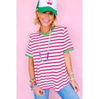 Rose Stripe Contrast Trim Crew Neck Loose Short Sleeve Top - L