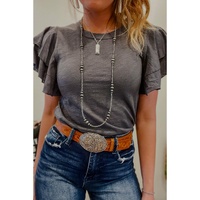 Dark Grey Layered Ruffle Short Sleeve Round Neck Top - L