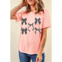 Pink Bow Knots Print Slim Fit Crew Neck T Shirt - L