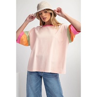 Pink Color Block Stitching Sleeve Round Neck Oversize Top - 2XL