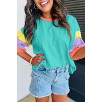 Light Blue Color Block Stitching Sleeve Round Neck Oversize Top - L