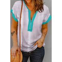 Pink Stripe Contrast Trim Half Zip Short Sleeve Top - L
