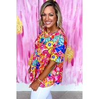 Rose Floral Print Short Sleeve Pleated Babydoll Top - M