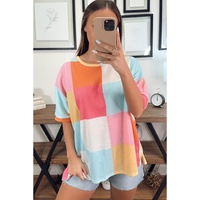 Light Blue Waffle Knit Colorblock Loose T Shirt - S