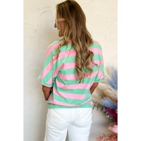 Pink Stripe Colorblock Cuffed Sleeve Loose Tee - M