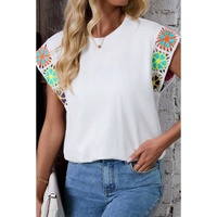 White Floral Crochet Sleeve Crew Neck Top - L