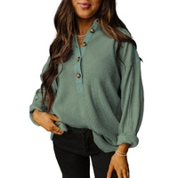 Smoke Green Waffle Long Sleeve Collar Half Button Loose Top - L