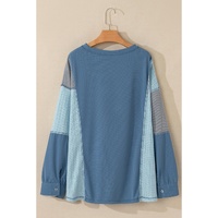 Dusk Blue Colorblock Stitching Patchwork Buttoned Long Sleeve Top - L