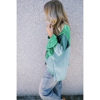 Green Colorblock Stitching Patchwork Buttoned Long Sleeve Top - L