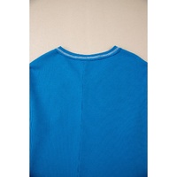 Sky Blue Lace Floral Patchwork Sleeve Stitching V Neck Rib Knit Blouse - L