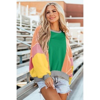 Dark Green Colorblock Patchwork Exposed Stitching Oversize Top - L