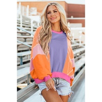 Orchid Petal Colorblock Patchwork Exposed Stitching Oversize Top - 2XL