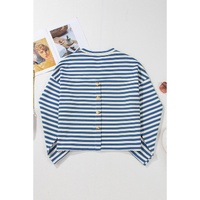 Sky Blue Stripe Chest Pocket Buttoned Back Notched V Neck Top - L