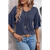 Sail Blue Solid Colour V-Neck Double Layer Sleeve Loose T-Shirt - L