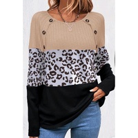 Black Cheetah Textured Patchwork Buttoned Round Neck T Shirt - L
