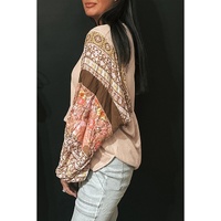 Parchment Contrast Floral Patchwork Puff Sleeve Waffle Knit Top - L