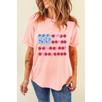 Pink Floral Printed Crew Neck Flag Day T Shirt - M