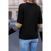 Khaki Leopard Colorblock Patchwork Crew Neck Long Sleeve Tee - L
