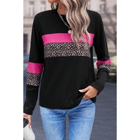 Rose Leopard Colorblock Patchwork Crew Neck Long Sleeve Tee - L