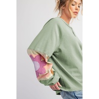 Smoke Green Flower Patchwork Raglan Sleeve Exposed Seam Oversized Top - L