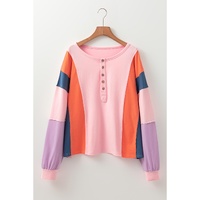 Pink Colorblock Long Sleeve Buttons Henley Top - L