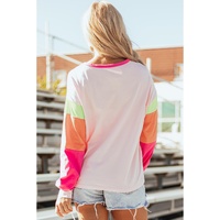 Pink GAME DAY Rugby Football Graphic Color Block Sleeve Top - L