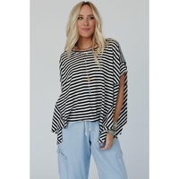 Black Stripe Batwing Sleeve Crewneck Oversized Top - L