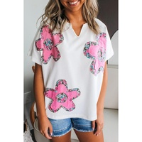 White Floral Applique Notched V Neck Dolman Sleeve Top - L