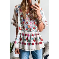 White Boho Floral Print Round Neck Ruffle Trim Blouse - S