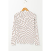 Khaki Checkered Pattern Mesh Mock Neck Long Sleeve Top - L