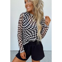Black Checkered Pattern Mesh Mock Neck Long Sleeve Top - L
