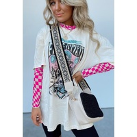 Rose Checkered Pattern Mesh Mock Neck Long Sleeve Top - L