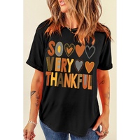 Black So Very Thankful Heart Printed Crewneck Thanksgiving T Shirt - S