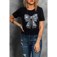 Black Rhinestone Bowknot Graphic Crewneck T Shirt - S