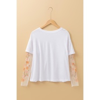 White Faux Two Piece Floral Long Sleeve Patchwork Tee - M