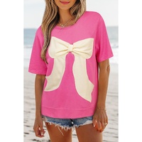 Strawberry Pink Contrasting Color Ribbon Bow Front Patch Loose Tee with Slits - L