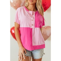 Pink Two Tone Half Buttons Collared T Shirt - S