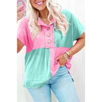 Mint Green Two Tone Half Buttons Collared T Shirt - L