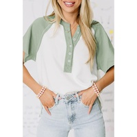 Clearly Aqua Colorblock Raglan Short Sleeve Half Buttons High Low T Shirt - L