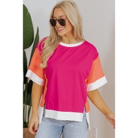 Rose Red Color Block Patchwork Side Slits Loose Fit T Shirt - L