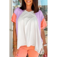 Beige Colorblock Patchwork V Neck Exposed Seam High Low T Shirt - L