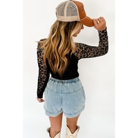 Black Floral Lace Patchwork Long Sleeve High Neck Slim Top - M