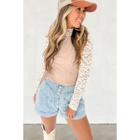 Smoke Gray Floral Lace Patchwork Long Sleeve High Neck Slim Top - L