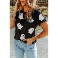 Black Glitter Ghost Pattern Crew Neck Halloween T Shirt - XL