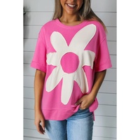 Sachet Pink Contrast Flower Drop Shoulder Loose T Shirt - L
