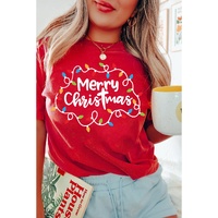 Red Merry Christmas Lights Print Crew Neck T Shirt - S