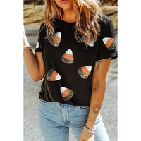 Black Sequin Triangle Patched Pattern Halloween T Shirt - L