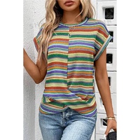 Multicolour Striped Pattern Twist Hem Short Sleeve Top - L