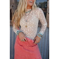 White Sheer Floral Lace Long Sleeve Slim Fit Top - L