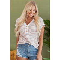 Khaki Stripe Buttoned Front V Neck Knitted T Shirt - L